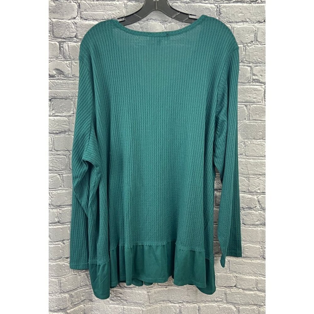 Dressbarn Womens Size 3X Teal Ribbed Long Sleeve V-Neck Ruffle Hem Top - Picture 2 of 8